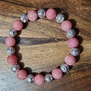 Handmade Pink and Silver Stretchy Beaded Bracelet Set